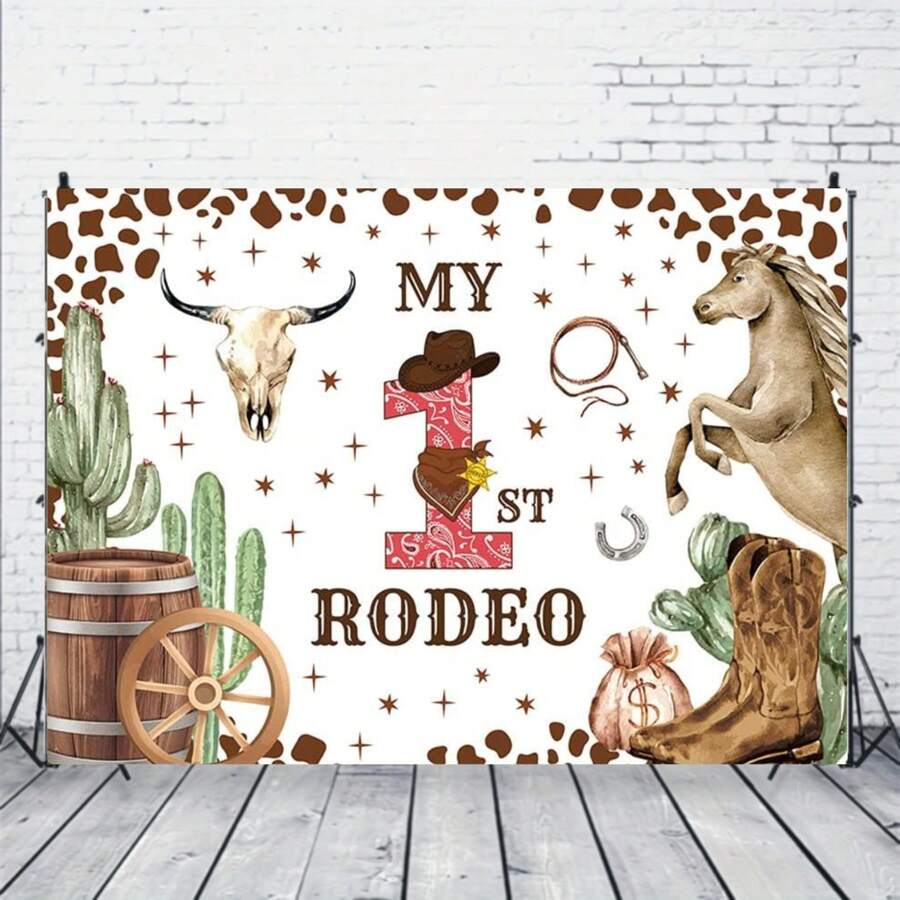 1pc First Birthday Cowboy Rodeo Background, Cowboy First Birthday Background, Cowboy Printed Party Supplies Banner, Cowboy Shower Decorations, Cowboy 1st Birthday Party Banner - Multicolor - View 1