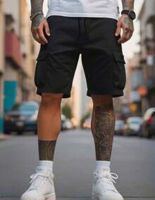 Men's Black Twill Cargo Bermuda Shorts With Side Pocket And Drawstring - màu đen - Xem 3