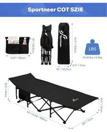 Cama de camping: Camas plegables de camping para adultos de doble capa 1200D Oxford - Camas plegables resistentes para camping, viajes, tiendas de campaña, días al aire libre y huéspedes en el hogar, con colchón, bolsa de transporte y 2 bolsillos - Negro - Ver 3