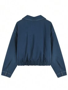 时尚新款复古翻领抽绳女式宽松短款夹克 - 藍色 - 查看 3