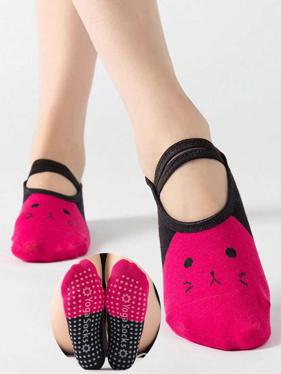 yuluan 1 Pair/Set Sporty Outdoor Fashionable Cartoon Cat Design Color Block Anti-Slip Yoga Socks With Lace And Silicone Dots, Suitable For Indoor Floor Sports Like Dance And Pilates, Multi-Color One Size, For Gym, Fall - Multicolor - View 1