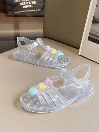 Sandalias de playa sin punta para niñas, con suela blanda y transpirable, con decoración de corazón, zapatos de princesa para el verano