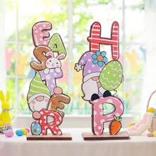 1pc/2pcs Easter Decor Wooden Faceless Old Man Holding Egg Figurines, Party Decoration, Scene Decor, Mall Decor, Home Accents