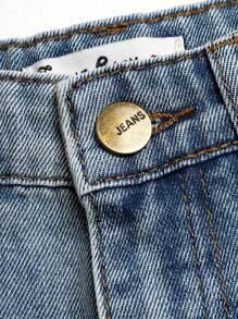 Young Boy Distressed Washed Light Blue Embroidered Adjustable Elastic Waist Spray Paint Cat Whiskers Denim Shorts - Light Wash - View 5