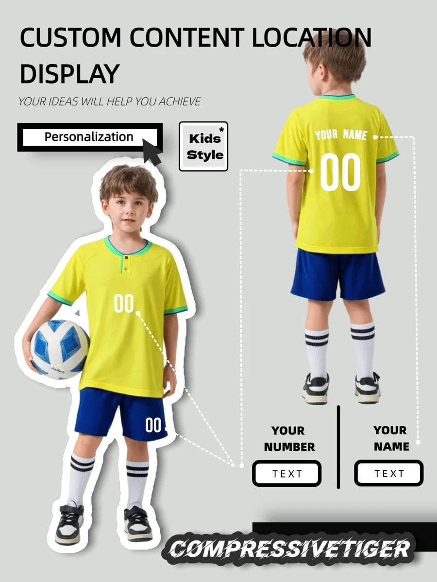 2pcs Boy's Personalized Soccer Jersey - Customizable Name And Number Print Stripe Decor Short Sleeve T-Shirt + Shorts Co-Ord Quick-Drying Sweat-Absorbing Sports Set As Gift