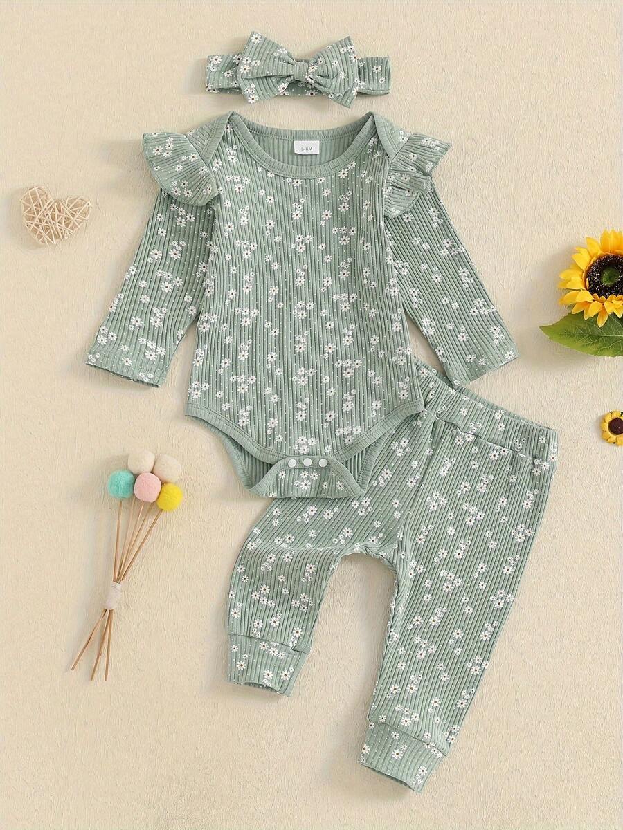 Ropa para bebé recién nacido, niña, con estampado floral acanalado, volantes, manga larga, mono, pantalones, diadema, conjunto de 3 piezas con flores bonitas para otoño e invierno - Verde - Ver 1