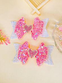 2pcs Pink Lotus Flower Bow & Rhinestone Heart Hair Clips, Shiny Accessories For Girls, Everyday, Valentine's, Party - Pink - View 5