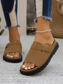 Women's Casual Thick-Sole Slide Sandals - Resort Style, Round Toe Design, Fabric Upper, PU Sole, Comfortable Insole, Summer - Khaki - View 4