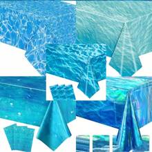 1 pieza Mantel de plástico con ola azul para fiesta de playa de verano, fiesta de playa, mantel para fiesta hawaiana, mantel impermeable para decoración de fiesta en la piscina (4 estilos)