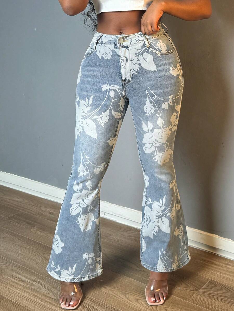 Women's Fashionable Retro Printed Micro Flared Jeans, High Waisted Elastic Loose Wide Leg Flared Pants, Women's Jeans And Clothing - Rửa nhẹ - Xem 1