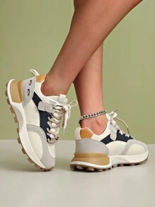 Women's Round Toe Fashionable Lace-Up Thick-Soled Student Casual Comfortable Running Sneakers - Yellow - View 6