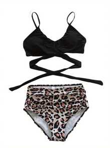 Female Two-Piece Bathing Suit, Solid Color Spaghetti Strap Bikini Tops+ Leopard Print Bikini Panties, S/M/L/XL/XXL - Black - View 4