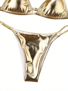 Women Summer Solid Color Sexy Bikini Set Shine Gold Bra And Low-Rise Triangle Shorts Swimming Suit - Gold - View 5