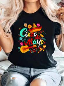 Camiseta del Cinco de Mayo, festividad mexicana 5 de Mayo para mujeres, hombres y niñas, 100% algodón, transpirable y cómoda, cuello redondo de manga corta apta para todas las estaciones - Negro - Ver 1