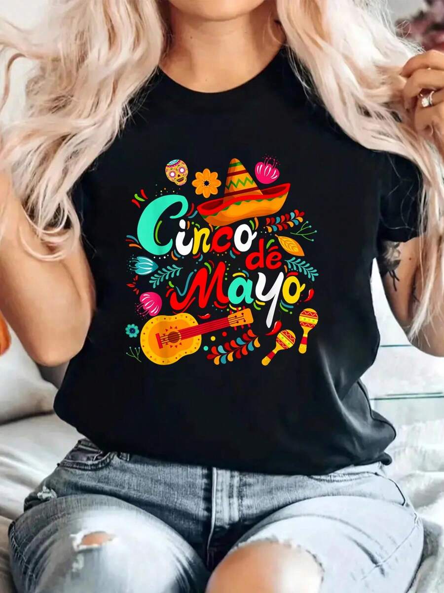 Camiseta del Cinco de Mayo, festividad mexicana 5 de Mayo para mujeres, hombres y niñas, 100% algodón, transpirable y cómoda, cuello redondo de manga corta apta para todas las estaciones - Negro - Ver 1