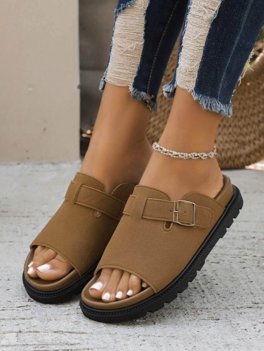 Women's Casual Thick-Sole Slide Sandals - Resort Style, Round Toe Design, Fabric Upper, PU Sole, Comfortable Insole, Summer - Khaki - View 1