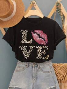Teen Girl Loose Plus Size Leisure Sweet Leopard Slogan Lip Pattern Printing Leisure Round Neck Pullover Short Sleeve T-Shirt Spring And Summer New Style.