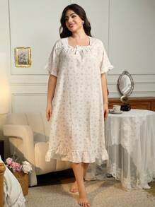 RS Pajama Women's Plus Size Elegant Flower Print Bubble Chiffon Ruffle Trim Square Neck Night,Long Sleep Dress,Pajama Dress