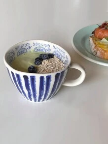 1 件手工制作的不对称陶瓷杯，带有蓝色条纹图案，非常适合燕麦粥、早晨咖啡和茶，适合返校 - 彩色 - 查看 6