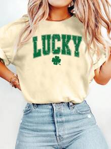 St Patrick Cartoon Letter Graphic Print T Shirt, Short Sleeve Crew Neck Casual Top For Summer & Spring, Women's T-Shirt - 杏色 - 查看 1