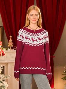 Women's Christmas Reindeer Sweater Vintage Loose Scoop Neck Long Sleeve Pullover Tops For Fall Winter