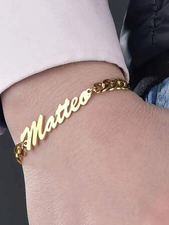 1 Piece Customized Name Bracelet, Cuban Chain Personalized Stainless Steel Adjustable Pendant Bracelet, Customized Gold Brand Jewelry Couple Commemorative Gift Boyfriend Birthday Gift, Multi-Functional, Ornamental, Letter, Engraved, Stylish, Baby Fashion, Colorful, Casual, Cute, Kawaii, Adorable, Unique, Customized, Baby Gifts, Cute Baby, Ideal Gifts For Him, Ideal Gifts For Her, Family, Friends, Daughter, Son, Her, For Children's Day, Halloween Edit, Back To School Fashion