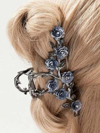 1 件女士山茶花装饰发夹，黑色哥特风格派对礼物，优雅而优雅的爪形发夹，适合日常使用