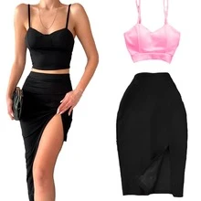 BLACK TOP AND SKIRT WITH LEG SLIPPING Fitted Strappy Top - Baby Pink - View 4