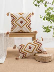 1pc/2pcs Geometric Rhombus Pattern Throw Pillow Case, Canvas & Chenille Material With Tassels, Bohemian And Modern Style For Bedroom, Living Room, Sofa, Car, All Season Use, 30*50cm, 45*45cm