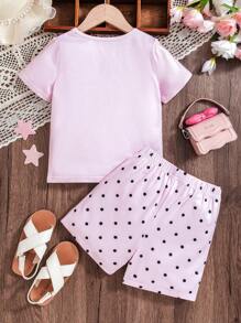 Young Girl Cute Pink Ballerina Girl Print T-Shirt + Polka Dot Shorts Set. Adorable Ballerina Print Paired With Polka Dot Shorts, Perfect For Girls' Summer Activities, Comfortable At Home Or Casual Outdoor Wear. Childlike And Charming, Making Your Little Girl The Center Of Attention. Suitable For 4-7 Years Old Girls, Spring/Summer.