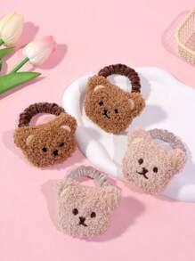 2 件装可爱卡通熊毛绒发圈，女孩蓬松发饰 - 彩色 - 查看 3
