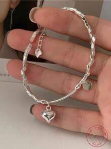 1 chiếc vòng tay chuỗi hình học hình vuông và hình trái tim bằng bạc S925 Sterling dành cho nữ, phong cách tối giản và ngọt ngào, ngày lễ tình nhân - Bạc - Xem 3