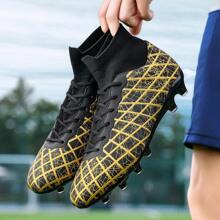 1 Pair Kids High-Top Football Cleats For Boys, Black Color, Suitable For Lawn Games & Training