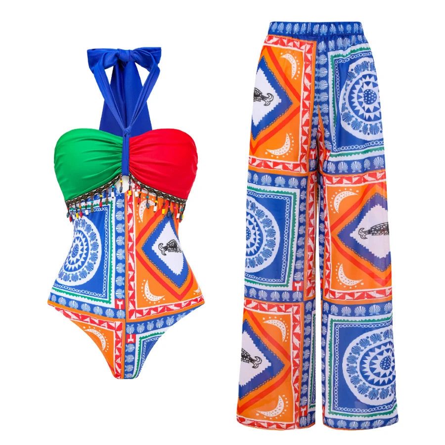 Women's 1-Piece Bohemian Style Geometric Print Swimsuit With Cover Up Pants