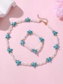 2pcs/Set Girls' Starfish & Pearl Beaded Necklace And Bracelet Set - Starfish - View 8