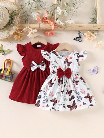 2 件套女婴休闲蝴蝶结装饰连衣裙套装，节日礼物，夏季