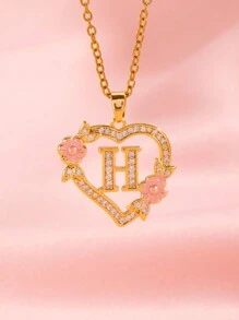 1 件心形花卉字母项链个性化心形花卉 26 个字母吊坠项链适合女孩的生日