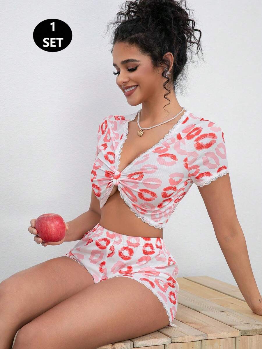 2pcs/Set Valentine's Day Pink Lip Print Pajama Set - Pink - View 1