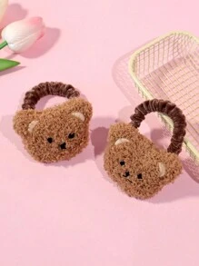 2 件装可爱卡通熊毛绒发圈，女孩蓬松发饰 - 彩色 - 查看 13