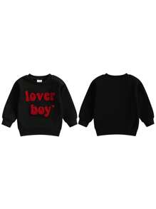 Sudaderas para niños pequeños, de manga larga, con cuello redondo y letras bordadas, para primavera - Negro - Ver 2