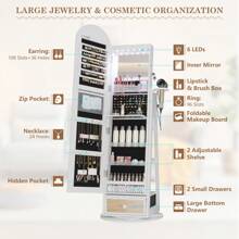 LVSOMT LED Arched Jewelry Cabinet With Mirror, 360° Rotating Standing Mirror With Jewelry Cabinets, Lockable Jewelry Mirror Cabinet With Lighting, Standing Wooden Jewelry Cabinet With 3-Tier Shelf - trắng - Xem 4