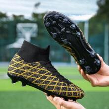 1 Pair Kids High-Top Football Cleats For Boys, Black Color, Suitable For Lawn Games & Training