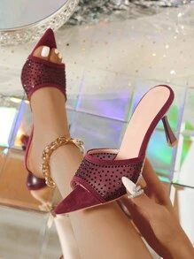 Women's Pointed Toe Rhinestone Pyramid High Heel Sandals, Alluring Party, Wedding, Summer Red Crystal Mesh See-Through High Heels - Burgundy - View 2