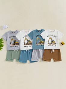 Toddler Boys Summer Outfits Letter Digger Print Round Neck Short Sleeve T-Shirts Elastic Waist Shorts 2Pcs Clothes Set