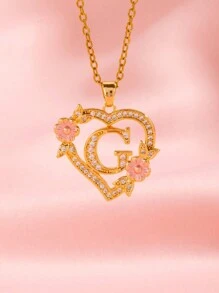 1 件心形花卉字母项链个性化心形花卉 26 个字母吊坠项链适合女孩的生日