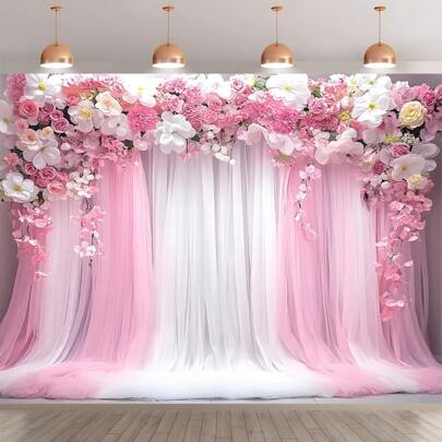 1 个可重复使用的聚酯纤维花卉背景横幅 - 适用于婚礼、生日、周年纪念日、圣诞节、圣帕特里克节、情人节、母亲节、毕业典礼的多功能装饰 - 适用于照相亭、房间和花园，无需电力