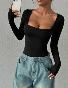 Bodysuit Leotard Shaper Square Neck Long Sleeve Foreign Fashion Blogger Fashion - 黑色 - 查看 2
