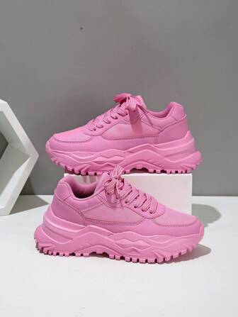 女士低帮粉色休闲运动鞋，设计师鞋面，厚底，城市休闲步行鞋，圣诞节/节日礼物