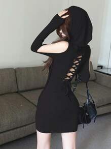 Vestido De Mujer Con Cuello en V Y Manga Larga,Vestido corto camiseta unicolor con espalda descubierta de sexy con cordones y capucha para mujer,ropa de vacaciones - Negro - Ver 4