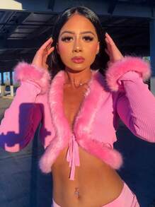 Women Tie-Up Crop Tops, Adults Sexy Solid Color Long Sleeve V-Neck Fur Trim Cardigan - Màu hồng tươi sáng - Xem 2